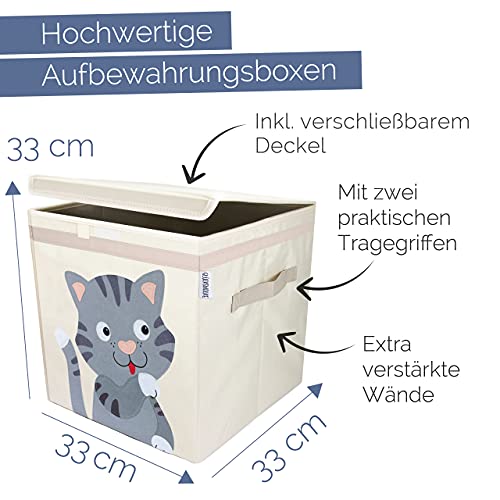 GLÜCKSWOLKE Kinder Aufbewahrungsbox - 15 Motive I Spielzeugkiste mit Deckel für Kinderzimmer I Spielzeug Boxen (33x33x33) Kiste zur Aufbewahrung im Kallax Regal I Bauernhof-Tiere Katze