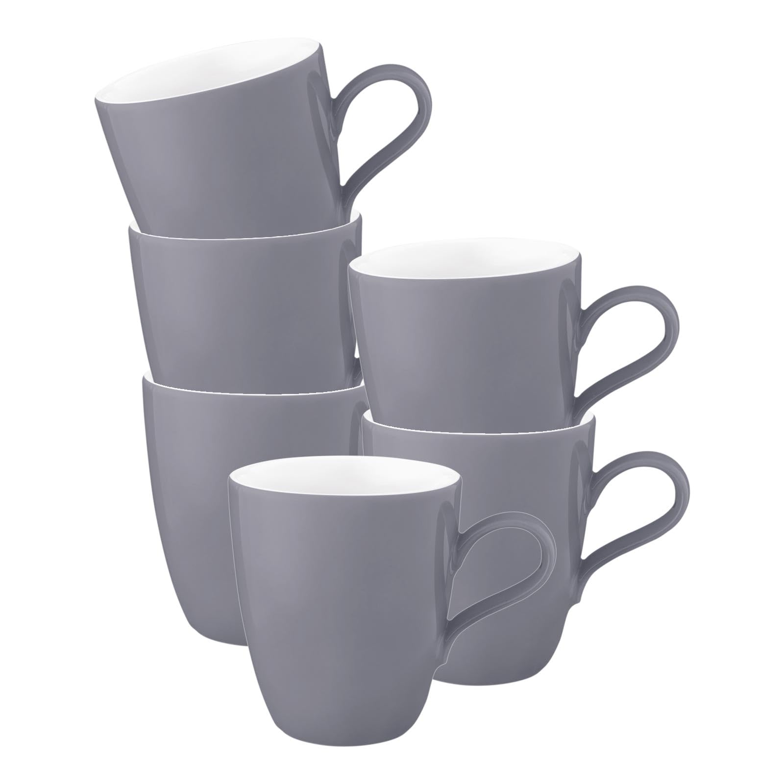 Seltmann Weiden Life Fashion Elegant Grey Henkelbecher 6er Set, 400 ml, Einfarbige Kaffeebecher mit Henkel, Mix & Match Geschirr, Spülmaschinen- & Mikrowellenfest, Porzellan, Grau/Weiß