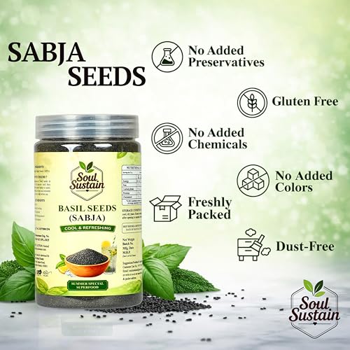 Image of SoulSustain Basil Seeds Sabja Seeds 420 Gram for Drinks Falooda Detox Fiber Rich Tukmaria Seeds for Digestion Cooling Summer Drink Ingredient Natural Sweet Basil Seeds for Soaking Beverages.