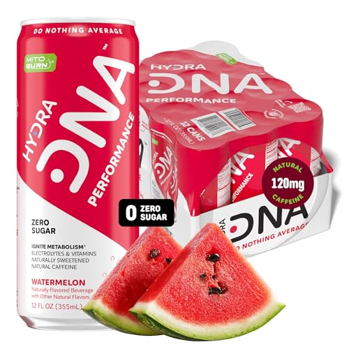 HYDRADNA- Clean Performance Drink, Zero Sugar | For Natural Fuel, Alertness, Boost, Stamina,120 mg Organic Caffeine, Natural Flavors, Zero Sucralose, Clean Ingredients (12 Pack) (12 Pack, Watermelon)