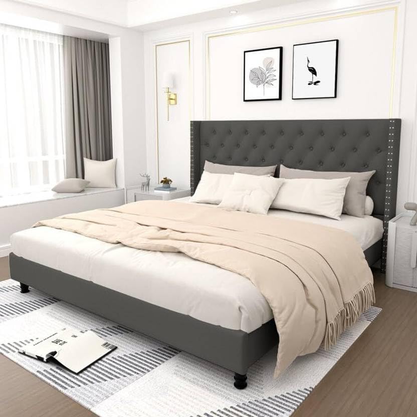 Image of Custom Decor Fabric Upholstered King Size Bed with Button Tufted Headboard for Bedroom || Solid Wood Bed | (Grey Royal, King (U.K. Standard))