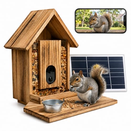 FAUBIC Squirrel Feeder with Camera - Includes Solar Powered Panel - Burned Pine Squirrel House with Anti-Chew Cable Protector - Smart Squirrel Feeder 160 HD Night Vision - 2.4Ghz WiFi Squirrel Camera