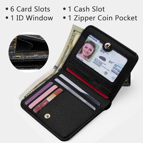 Image of Gostwo Small Wallet for Women, Slim Bifold Credit Card Holder, Compact RFID Blocking Cash Wallet, Billfolds Thin Leather Zipper Pocket, Mini Wallet Gift for Ladies Teen Girls Travel with ID Window