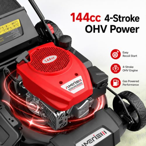 Image of AMERISUN 21-Inch Gas Push Lawn Mower, 144cc 4-Stroke Engine, 6-Position Adjustable Cutting Height, 3-in-1 Mulching, Side Discharge & Rear Bag for Garden Landscaping