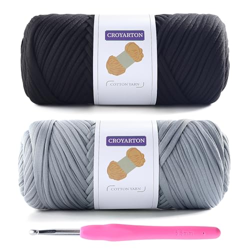 Image of 2 Pack Tshirt Yarn for Crocheting, Elastic T Shirt Spaghetti Thick Knitting Yarn Total Length 130 Yds for Crochet Bag Baskets Home Decor with 1 Crochet Hook (Black+Light Gray)