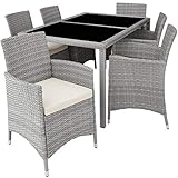 Hochwertige Polyrattan Essgruppe Garnitur für 6 Personen im modernen Design. Perfekt für Garten, Terrasse, Wintergarten und Wohnzimmer. Besticht nicht nur durch seine Optik, sondern auch durch seine lange Lebensdauer. Inklusive 2 Sicherheitsglaselemente als Tischplatte.