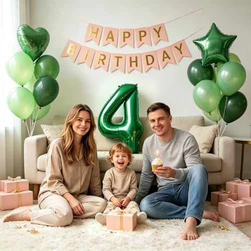 Image of TONIFUL 4th Birthday Balloons 40 Inch Green Large Number 4 Foil Balloon 18 Inch Helium Mylar Heart Star Shaped Ballons for Boys Men Birthday Anniversary Graduation New Year Eve Party Decoration