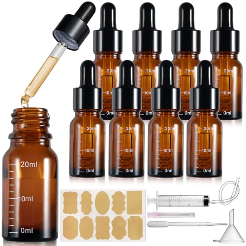 Realure 8 Stück Pipettenflasche 20ml mit Skala, Kleine Braunglas Glas Tropfflasche Dropper Bottle, Refillable Flasche mit Pipette, für Ätherische Öl Parfümöle Flüssigkeit 5 Hilfszubehör