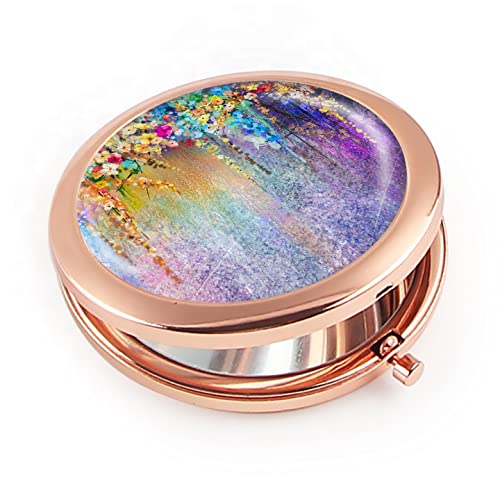 Iampanda Compact Rose Gold Mirror For Women,Round Mini Pocket Makeup Mirror For Purse,Abstract Floral Watercolor Portable Folding Travel Mirror With 2X Magnifying (Spring Flower Seasonal Natural) #TOP1