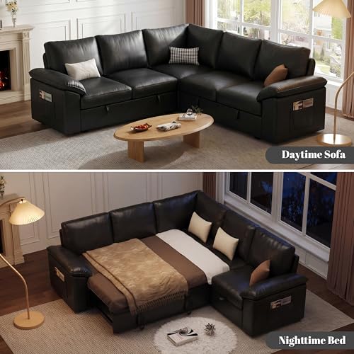 Image of 85 Inch Faux Leather Modular Sectional Sofa with Pull Out Bed, L Shaped 5 Seat Sectional Sleeper Sofa with Storage, Sectional Couches for Living Room, Cloud Modular Couch,Black Leather