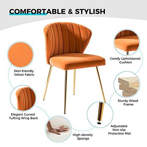 Hulala Home Velvet Dining Chairs, Modern Small Armless Accent Chair With Gold Metal Legs, Living Room Upholstered Cute Side Chair, Elegant Tufted Back Vanity Chair For Bedroom/Beauty Room-Orange #TOP3