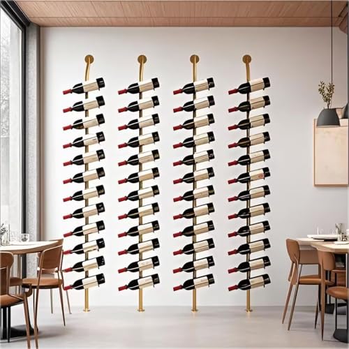 Scaffale portabottiglie da parete, H 185, portabottiglie nero per vino, Contiene 12 portabottiglie in metallo, per ristoranti commerciali, dispensa, bar, cantine (Oro, Quattro file - 48 bottiglie)