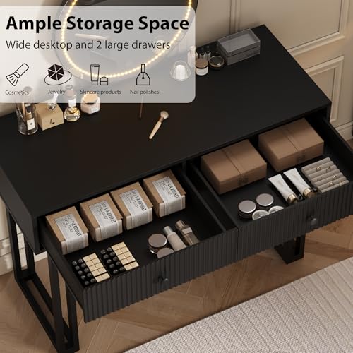 Black Vanity Desk with Mirror and Lights, Small Makeup Vanity with 2 Drawers, Modern Vanity Organizer with 3 Color Lights&Adjustable Brightness, Dressing Table for Bedroom