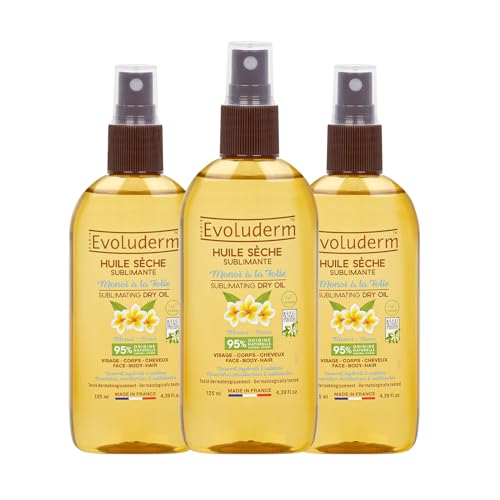 EVOLUDERM - Huile Sèche Sublimante au Monoï - 125 ml - 95% d'Origine Naturelle - Végan - Fabrication Française - Soin Visage, Corps et Cheveux - Hydrate -...