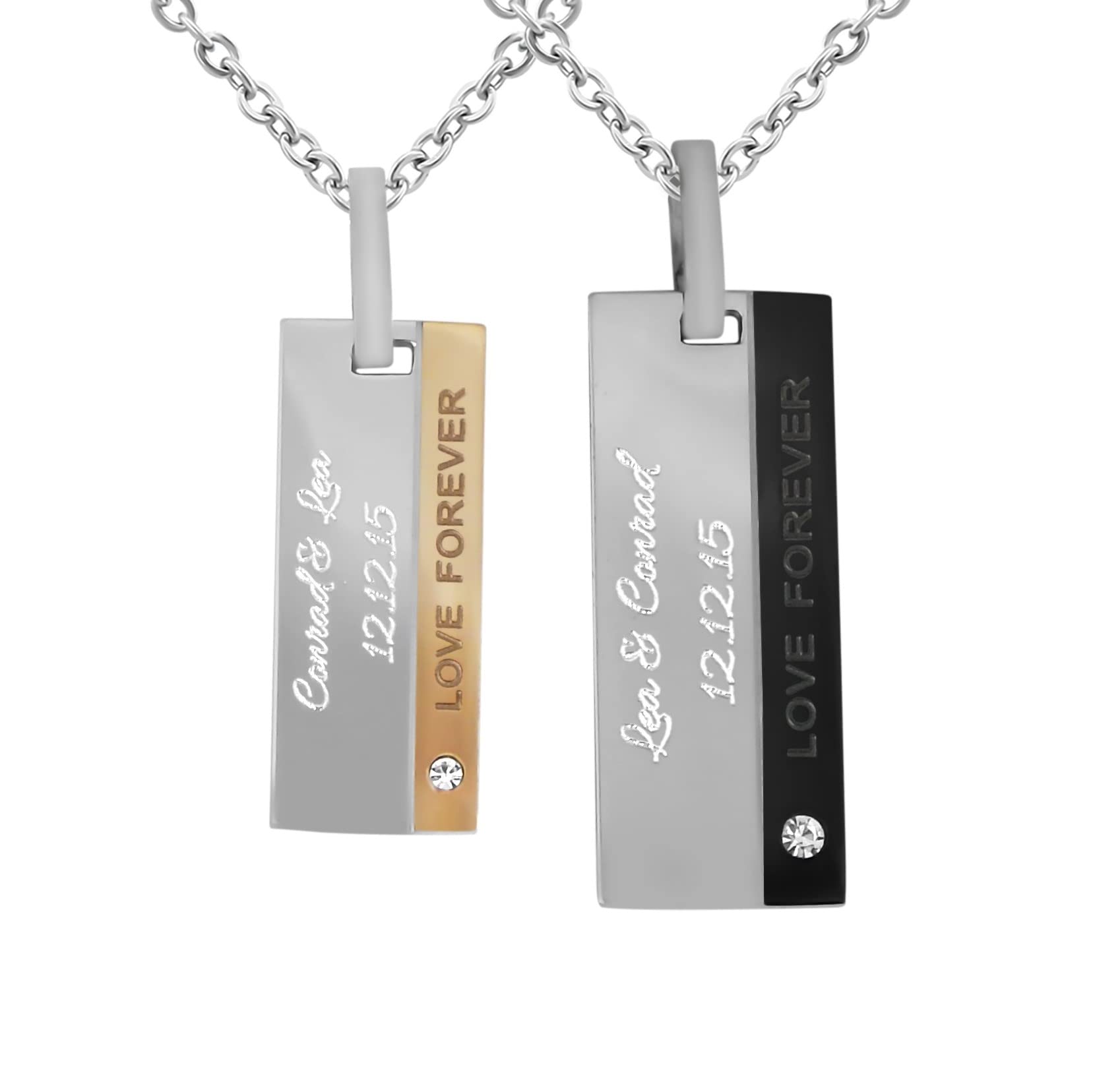 2 Stück Personalisierte Ketten mit Gravur Edelstahl 45-60 cm Dog Tag in silber/gold und silber schwarz - Halsketten Männer Frauen - Personalisierter Schmuck Damen Herren - Partner Ketten