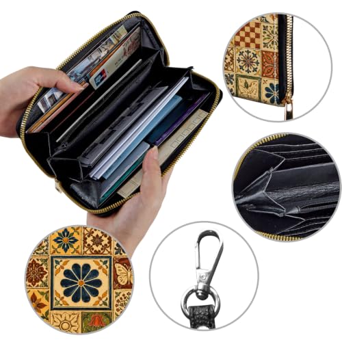 Image of Women's Wallets Credit Card Holder Money Leather Long Wallet | Long wallet with Wristlet,Large Capacity with Zip-Around Phone Purse for Women Ladies Girls,Floral Tile