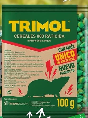 Peyca Trimol cereales 003 raticida 100g, Raticida con maiz unico en apetencia, para ratón común, rata parda o rata de alcantarilla.(Difenacoum al 0,0029%)