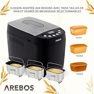 Arebos Machine à pain 1500 g | avec 15 programmes | 2 crochets de pétrissage | Minuteur | Écran LCD | 3 niveaux de brunissage et tailles de pain | 850 W | Noir