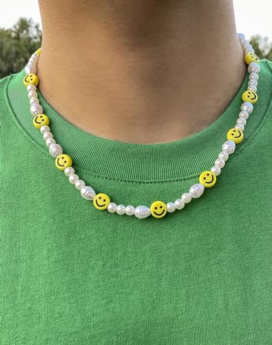 Pearl Necklace Smile Face Necklace for Women Men,Soft Ceramic Cute Smile Necklace Chain Choker for Jewelry Gifts4