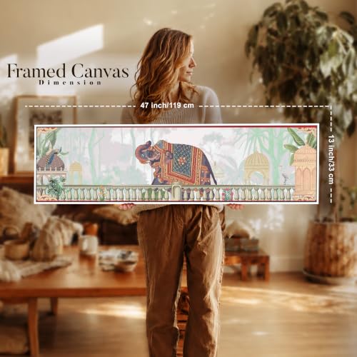 Image of PAINTINGMANTRA Mughal Pichwai Elephant Garden Canvas Wall Art Painting For Living Room, Traditional Indian Cultural Mughal Framed Wall Art Painting For Home, Office 33x119 cm