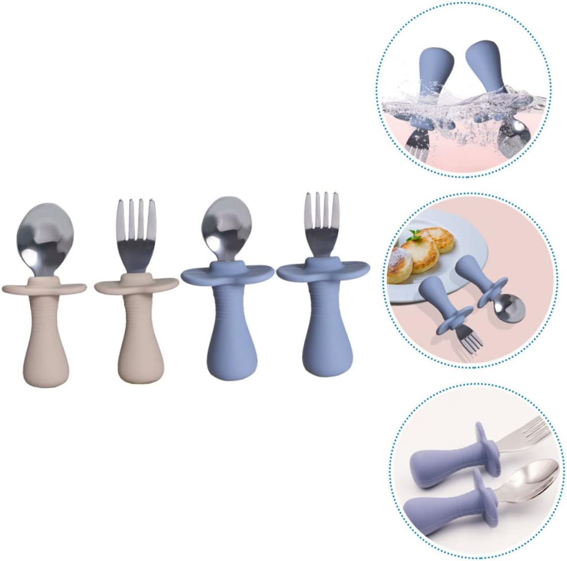 2Sets Silverware with Silicone Handles Utensils Forks Spoons Ergonomic Design for Easy Grasp Safe for Self Feeding for Home School Use