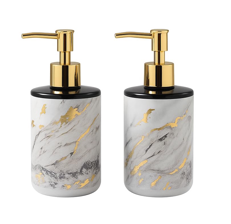 Image of LAGET 300ml Soap Dispenser for Wash Basin - Marble Golden Print | Kitchen and Bathroom Accessories Items | Refillable Handwash Dispenser Bottle- Set of 2 (White Twinkle)