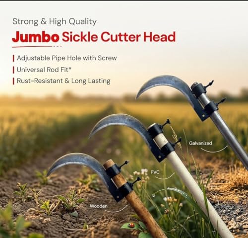 Image of Grass Sickle Cutter Head with screw - Sharp Curved Blade for Cutting Grass and Weeds, Heavy Duty Coconut Plucker Tool Attachment with Adjustable Handle Clamp for Outdoor Use