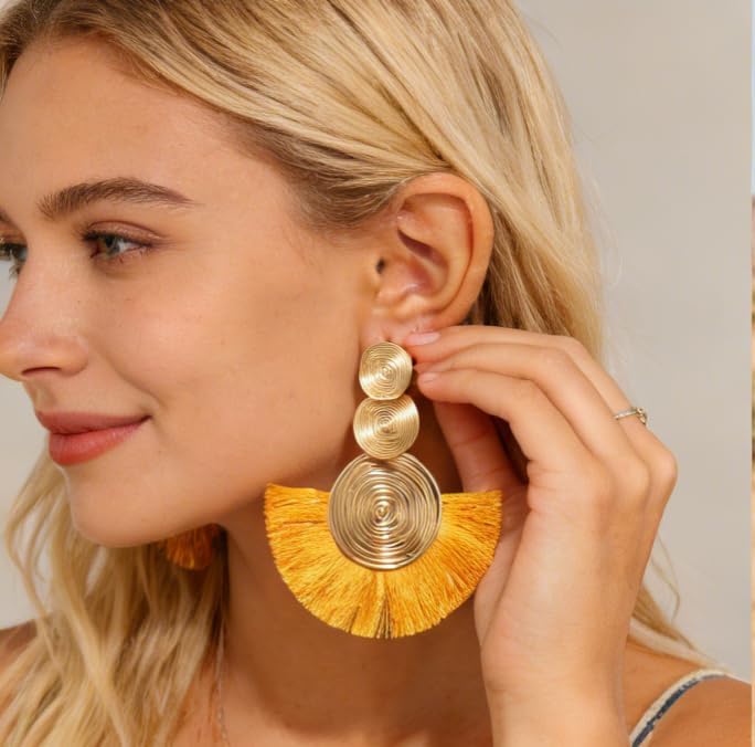 Women's Dark Yellow Boho Fringe Earrings, Statement Dangling Yellow Earrings, Bohemian Hippie Fringe Jewelry for Party, Date & Social Occasions - Image 7
