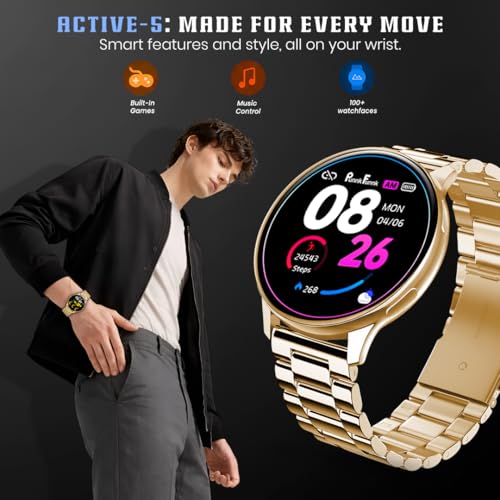 Image of PunnkFunnk Active 5 Smart Watch with 1.3 inch AMOLED HD Display | Bluetooth Calling, AI Voice Assistant, 100+ Sports Modes, Heart Rate & SPO₂ Tracking, IP68 Waterproof for Men & Women- (Metal Gold)