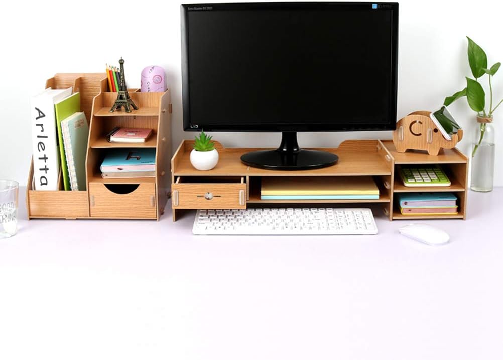 Desk Monitor Stand Riser with Storage Organizer Box with Drawers and Mobile Phone Holder,Laptop Stand Riser with Keyboard Storage Space and Desktop File Shelf (A)