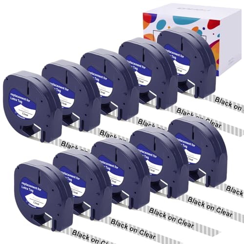 Ruban 16952 compatible Dymo LetraTag Hehua transparent 12mm x 4m pour étiqueteuse LT-100H, lot de 10