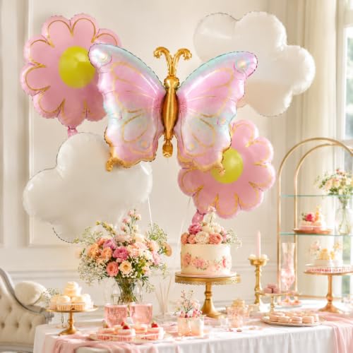 Image of Wanna Party Pastel Butterfly Foil Balloon Set of 5, Butterfly, Pink Daisy Flower and White Cloud Balloons for Birthday, Baby Shower, Newborn Welcome & Garden Theme Party Decoration