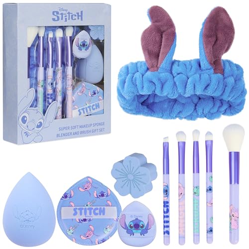 Image of Get Trend Disney Stitch Makeup Brush and Sponge Set for Girls, Teens with Headband Powder Puffs Soft Brushes and Beauty Sponges, Gifts for Girls (Blue Stitch)