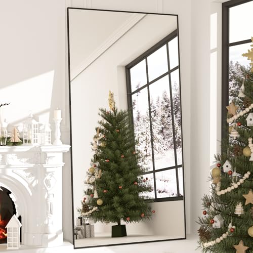NEUWEABY Full Length Mirror 193x86cm Black Floor Mirror with Stand Large Full Body Mirror Rectangle for Bedroom Aluminum Alloy Thin Frame Standing Hanging or Leaning Against Wall