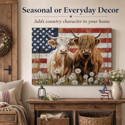 Image of Highland Cow Wall Art Decor, 4th of July American Flag Patriotic Vintage Canvas Print Picture Framed, Rustic Farmhouse Animal Painting for Home Bathroom Living Room