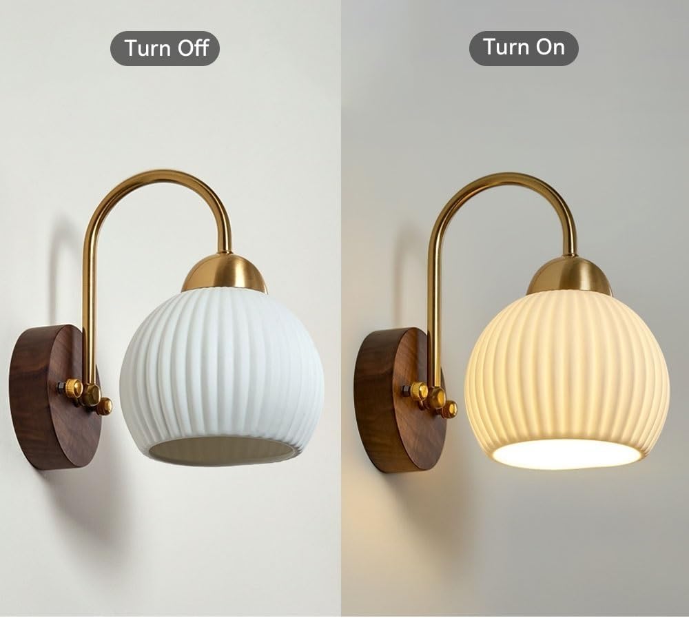 Japanese Modern Wall Sconce, Ribbed Ceramic Globe Shade with Walnut Wood and Brass, Cream Indoor Wall Light, Minimalist Wall Lamp for Bedroom, Bedside, Hallway, Staircase, Entryway Parlor