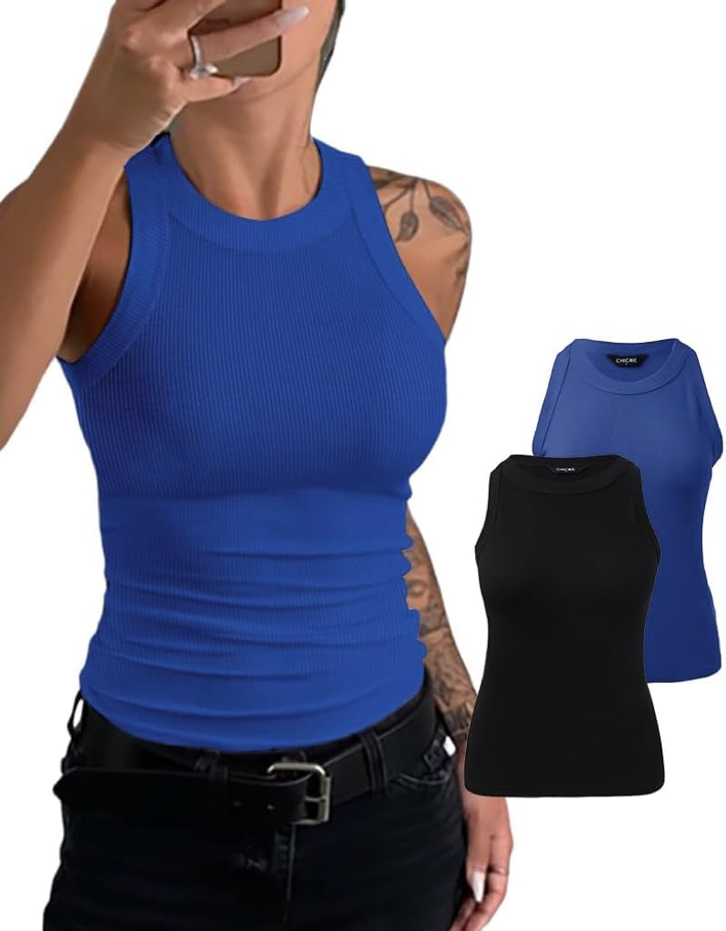 CHICME Womens 2 Piece Sleeveless Tank Tops Summer Casual Basic Ribbed Fitted Thick Strap Racerback Top