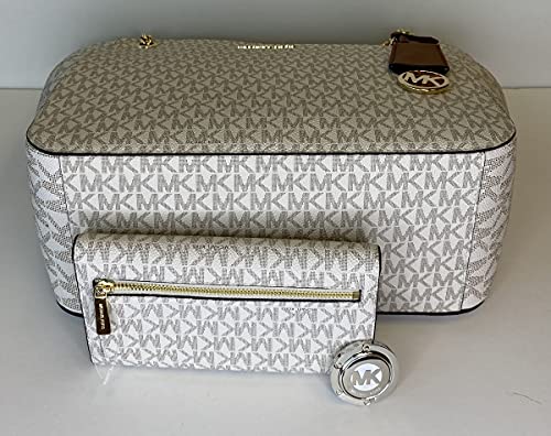 Michael Kors Michael Michael Kors Jet Set Travel Large Chain Shoulder Tote Bundled With Trifold Wallet Purse Hook (2021 Signature Mk Vanilla) #TOP4