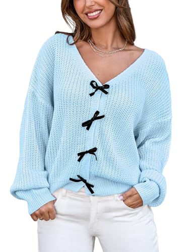 Image of CUPSHE Womens Sweaters Bow Sweater Neck Casual Long Sleeve Lightweight Crochet Pullover Sweater Tops