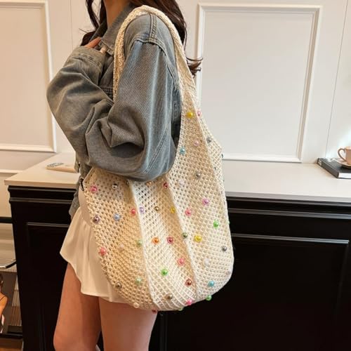 Bolso tote tejido bohemio con cuentas para mujer, estilo hippie, casual, para la playa miniatura 3