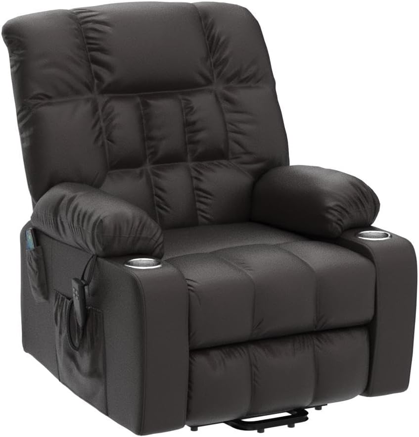 Lift Recliner for Big and Tall Seniors: 9688Plus Lay Flat, Sea Island Cotton Lift Chair with Heat and Massage, Reclining to 180, Dual OKIN Motors - Breathable Leather - Reddish Brown