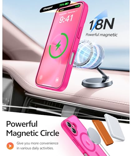 Image of FNTCASE for iPhone 16 Case [Compatible with Magsafe] Translucent Matte Cases with [Screen Protector] Military Grade Shockproof Protective Phone Cover - Hot Pink