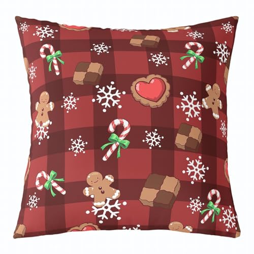 Loussiesd Juego de 1 fundas de almohada con temática navideña, diseño de hombre de jengibre, para niños, adultos, niños, niñas, copo de nieve, caramelo, decoración del hogar, color rojo y marrón, 55 x