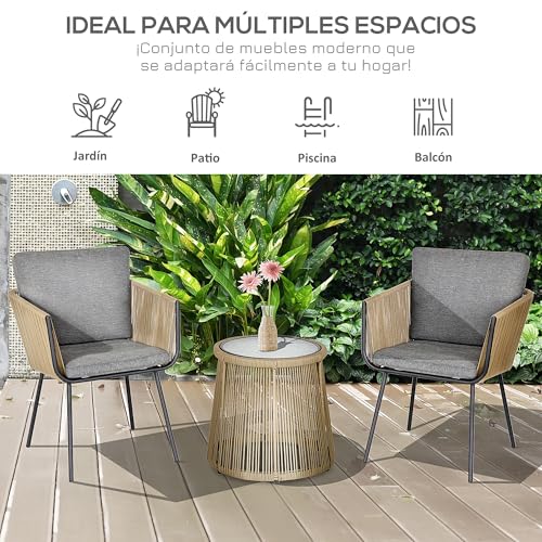 Outsunny Conjunto de Jardín Exterior de 3 Piezas Juego de 2 Sillas y Mesa de Ratán con Cojines Acolchados y Encimera de Vidrio para Balcón Terraza Café y Gris - imagen 6