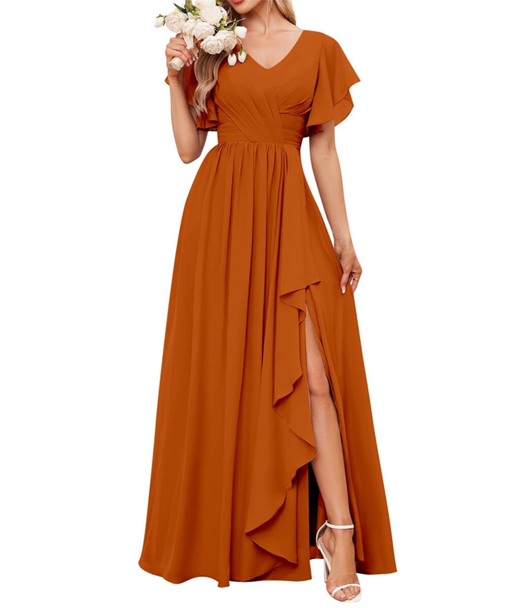 Wseyu Women's Burnt Orange Ruffles Sleeves Formal Evening Prom Gowns For Ruched Cocktail Dresses Dating Dresses Lace Up Uk16