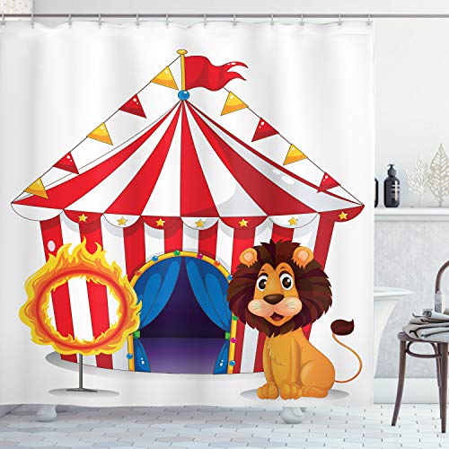Ambesonne Circus Shower Curtain,Lion and a Ring in Front of The Circus Tent with a Blazing Adventure of Dangerous Act Print of Artwork, Fabric Bathroom Decor Set with Hooks, 69 W x 75 L, Multicolor Ambesonne Circus Shower Curtain,Lion and a Ring in Front of The Circus Tent with a Blazing Adventure of Dangerous Act Print of Artwork, Fabric Bathroom Decor Set with Hooks, 69" W x 75" L, Multicolor