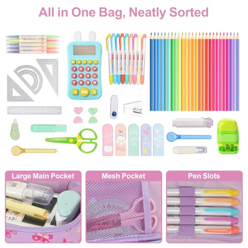 Image of Cute Kids Pencil Case - Girls Pen Pouch Large School Organizer | Pen Bag & Smooth Zipper, Multi-Slot Storage, Mesh Pocket, 900D Water Resistent, Giftable School Supplies, Purple Butterfly