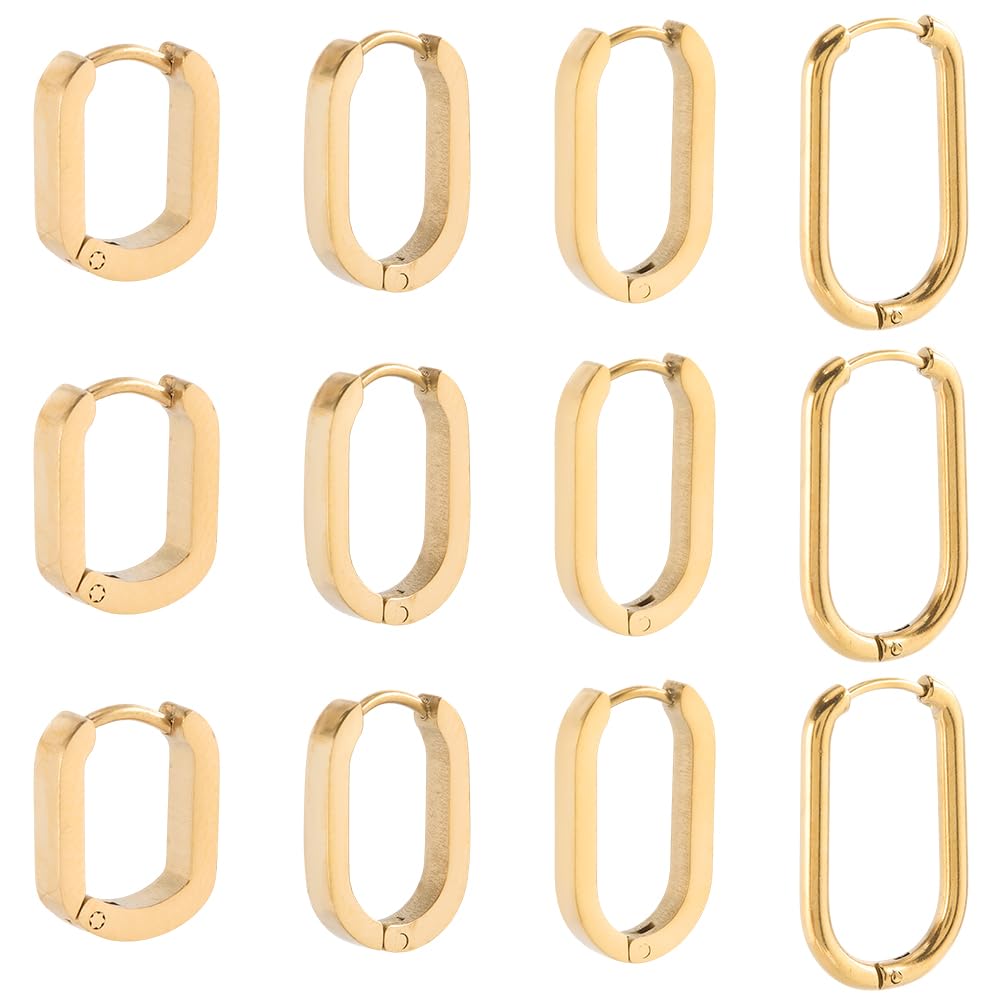 SUNNYCLUE 1 Box 8 works 4 Styles Huggie Earrings Stainless Steel Oval Hoop Earrings Golden Chunky Trendy Real 18K Gold Plated Hoop Findings for Jewellery Making Huggie Ear Rings DIY Crafts Women
