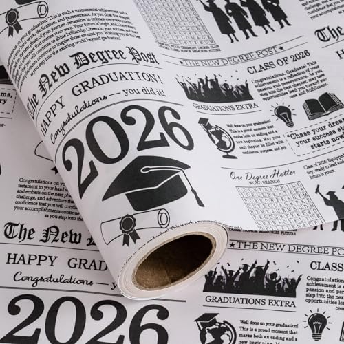 WRAPAHOLIC Kraft Graduation Wrapping Paper Roll - Mini Roll - 17 Inch x 16.5 Feet - Vintage 2026 Graduation Cap Newspaper Wrapping Paper for Class of 2026 High School & College Gifts