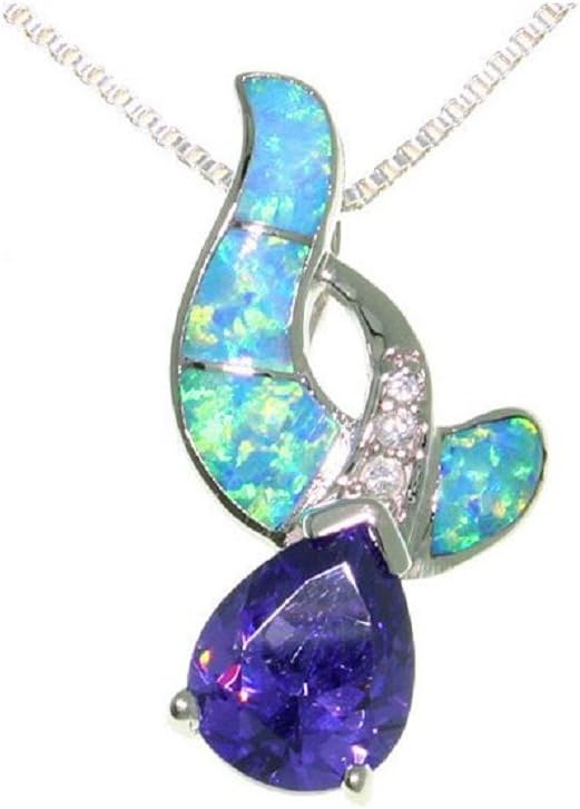 Jewelry Trends Teardrop Shaped Created Blue Opal and Purple CZ Sterling Silver Pendant Necklace 18"